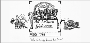 Cartoon of a group of women in a social media post not including people with disabilities in the photo.