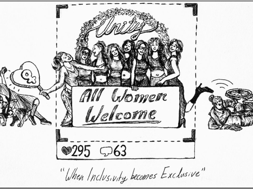 Cartoon of a group of women in a social media post not including people with disabilities in the photo.