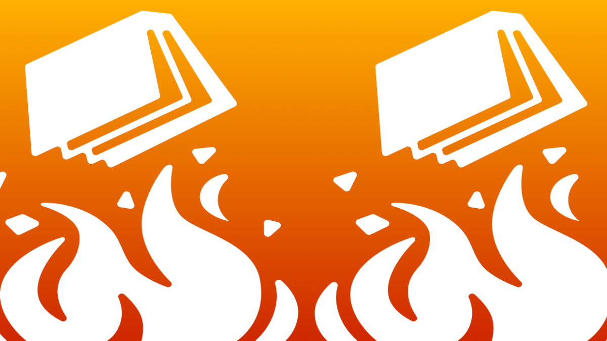 Books on top of flames against an orange background.