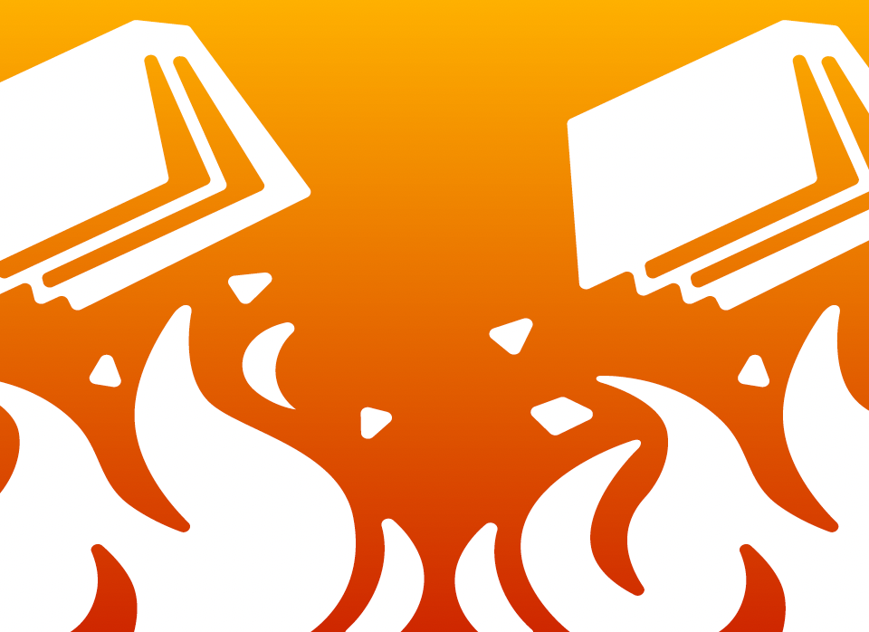 Books on top of flames against an orange background.
