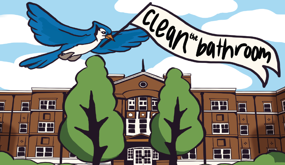 A bluejay flies over a building holding a sign that says "clean the bathroom."