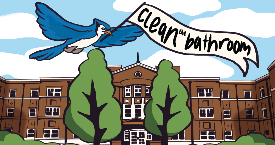 A bluejay flies over a building holding a sign that says "clean the bathroom."
