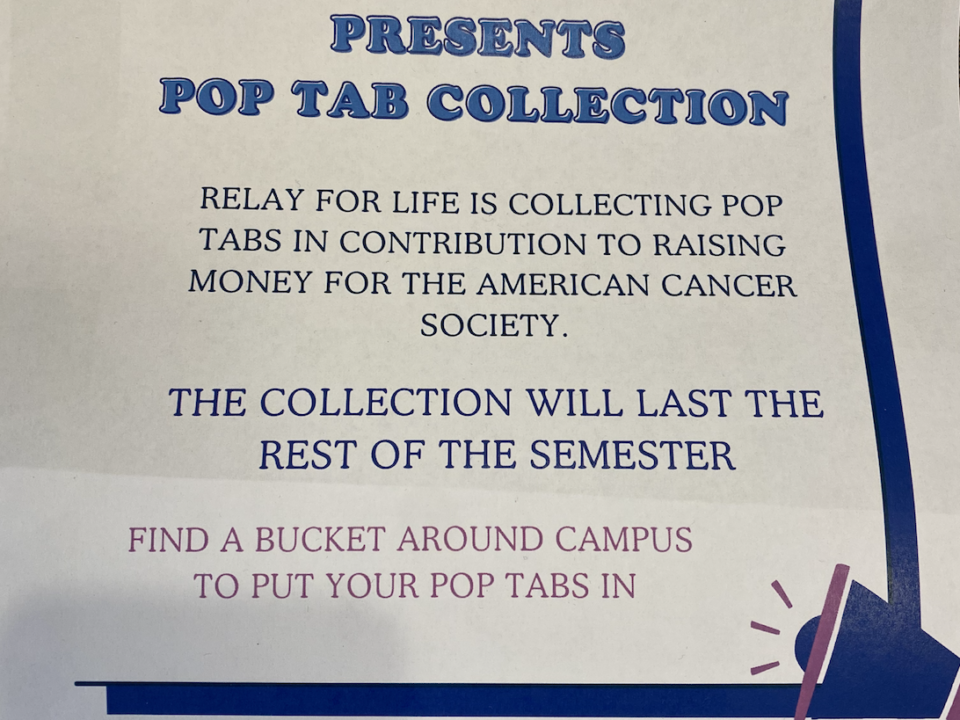 A flier for the Relay For Life pop tab collection, which is raising money for the American Cancer Society.