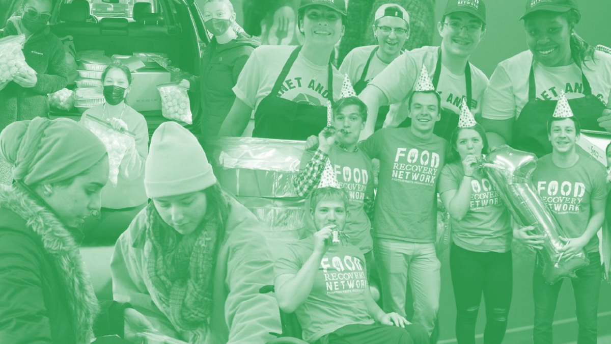 A group of people pose for a photo, with many wearing Food Recovery Network T-shirts.