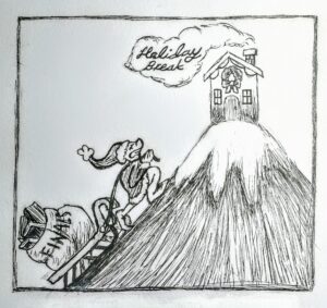 An illustration of a Grinch carrying a bag of final assignments up a hill covered in snow with a chimney at the top that has smoke coming out of it that says, "Holiday Break."