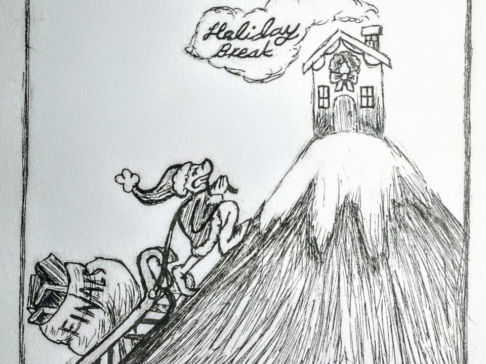 An illustration of a Grinch carrying a bag of final assignments up a hill covered in snow with a chimney at the top that has smoke coming out of it that says, "Holiday Break."