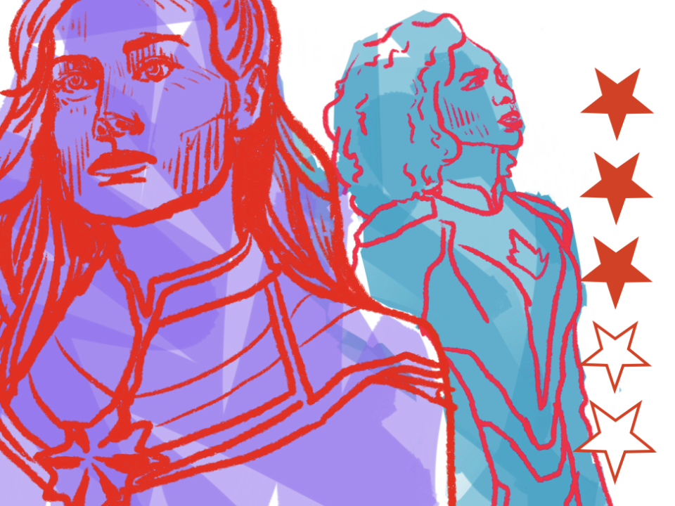 Two characters from "The Marvels" illustrated in red, purple, and blue.
