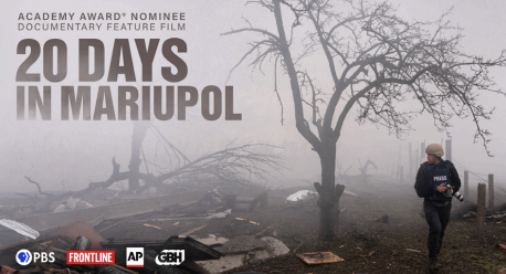 "20 Days in Mariupol" movie flyer with an overcast background that has a tree and fallen trees in it.