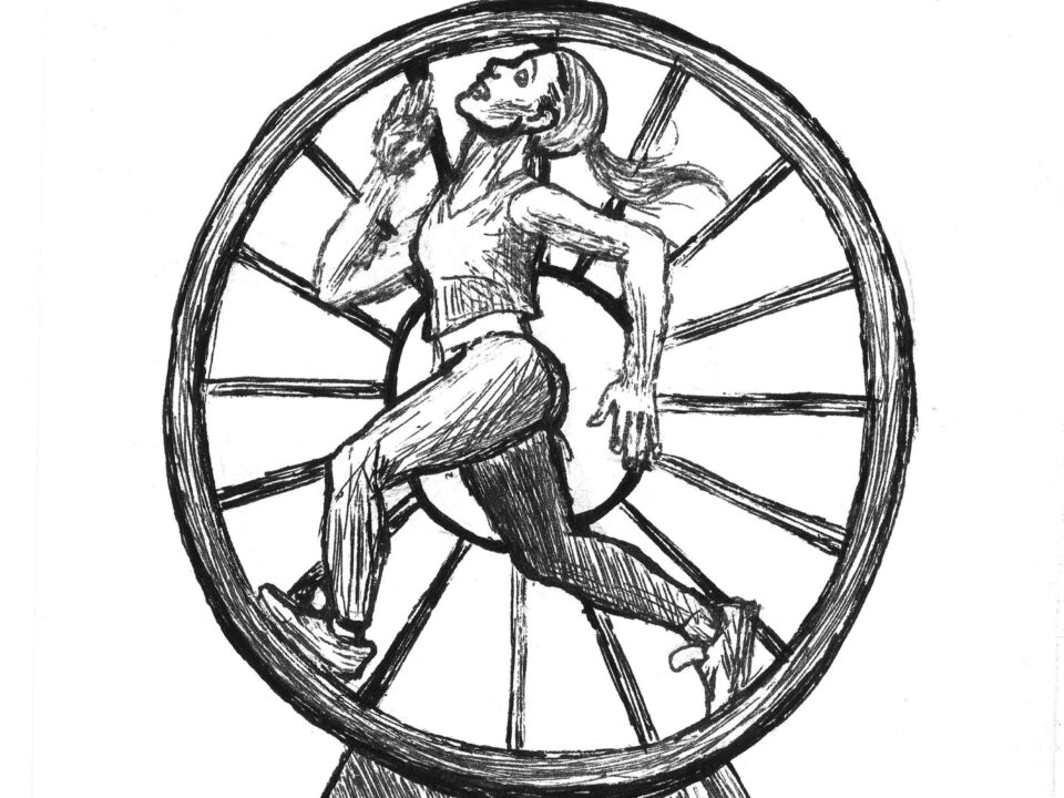 A student runs on a hamster wheel as they reach for their degree.