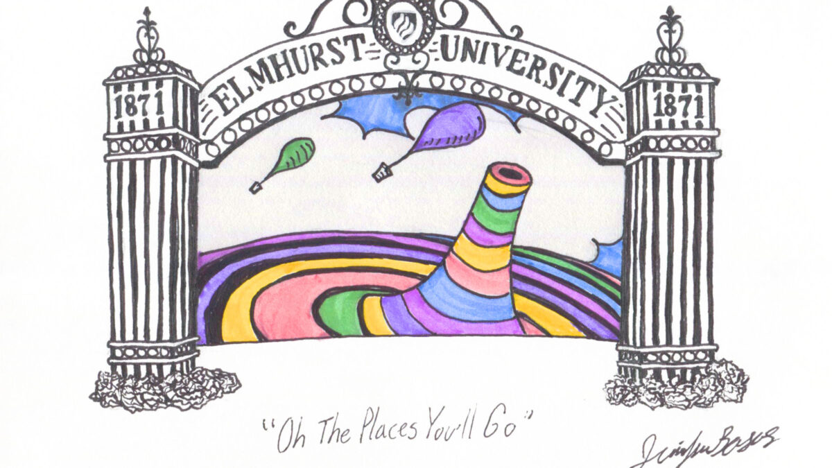 Elmhurst University Gates of Knowledge with a colorful swirl illustration. Text says "Oh the Places You'll Go"