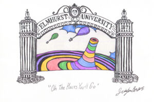 Elmhurst University Gates of Knowledge with a colorful swirl illustration. Text says "Oh the Places You'll Go"
