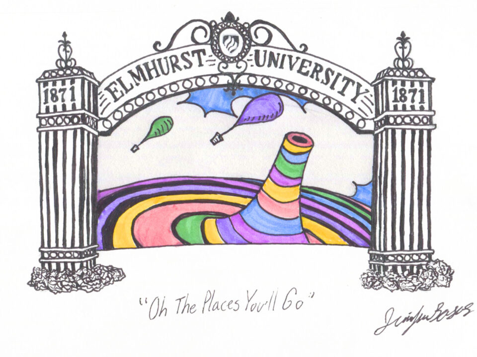 Elmhurst University Gates of Knowledge with a colorful swirl illustration. Text says "Oh the Places You'll Go"