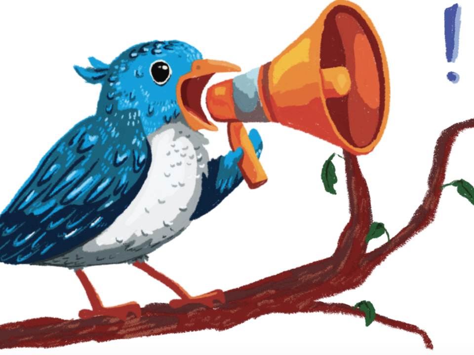 A blue bird talks through a megaphone on a tree branch.